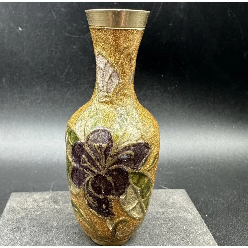 Vintage Miniature Cloisonné Enamel Brass Bud Vase 4” Floral Asian Decor